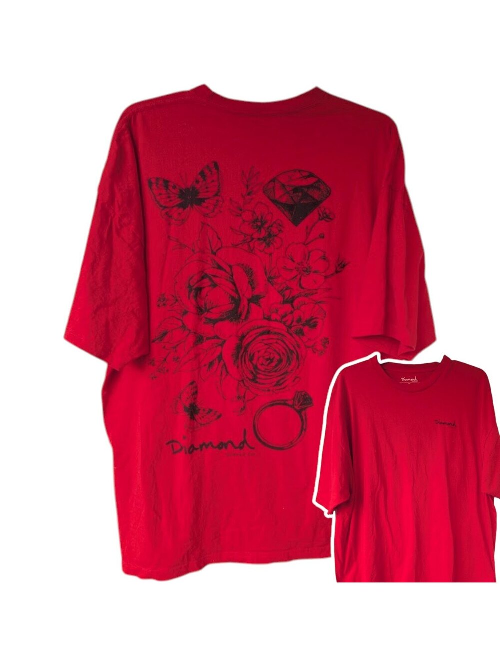 Diamond Supply Co T-Shirt 3XL Red Floral Butterfly Ring Graphic Tee 27.5x32.5